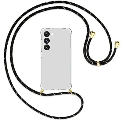Abbildung von mtb more energy® Handykette kompatibel mit Samsung Galaxy S23 5G Schwarz+Gold gestreift/Gold Smartphone Hülle zum Umhängen Anti Shock Full TPU Case