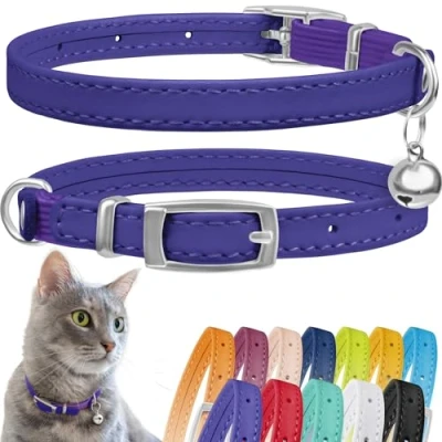 Abbildung von CollarDirect Leder Katzenhalsband, Sicherheitshalsband für Katzen mit elastischem Gurt, Kätzchen Band Glocke (Violett, 20 28 cm)