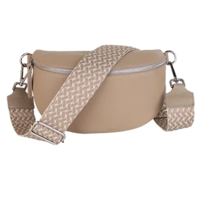 Abbildung von MIRROSI® Bauchtasche Damen, Echtleder, Made in Italy, Umhängetasche, Brusttasche, Crossbody Bag (1 Tasche &amp; 2 Gurte) (Helltaupe (Flecht), Kleine (22x13x6cm))
