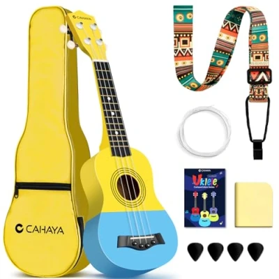 Abbildung von CAHAYA Sopran Ukulele mit Gigbag für Kinder Anfänger: Linde Material Geared Machine, Gurt, Noten, Saiten, Reinigungstuch, 4 Plektren, 21 Zoll Gelb Blau