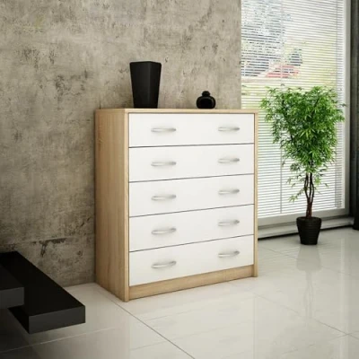 Abbildung von Home Collective Schuhschrank mit 5 aufklappbaren Schubladen, Schuhregal Fächern (matte Oberfläche, platzsparende Schuhaufbewahrung) weiche abgerundete Kanten, 74 cm breit, laminierte Platte sonoma weiß