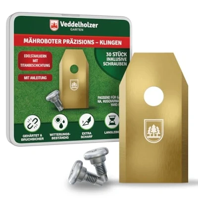 Abbildung von Veddelholzer Garten Rasenmähermesser 30 Mähroboter Klingen aus Edelstahl mit Titan beschichtet Ersatzmesser (30 St., kompatibel Gardena, Husqvarna, Yardforce uvm), Inklusive Schrauben alles in einem Set