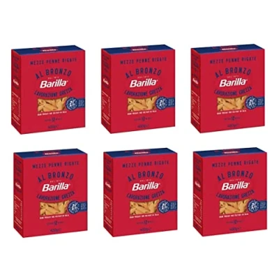 Abbildung von 6x Barilla Mezze Penne Rigate al Bronzo Bronze Gezogene Pasta 400g Rohe Verarbeitungsmethode