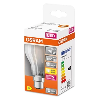 Abbildung von OSRAM Dimmbare Filament LED Lampe mit B22d Sockel, Warmweiss (2700K), klassische Birnenform, 8W, mattes Glas, Ersatz für herkömmliche 75W Glühbirne, 6er Pack