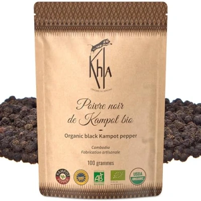 Abbildung von Khla Kampot Pfeffer Schwarz Bio 100g Schwarzer Pfefferkörner Ganz Biologisch Grand Cru Zutat Küchen Direkt vom Erzeuger Schwarze Körner Ganze für Mühle Herkunft Kambodscha