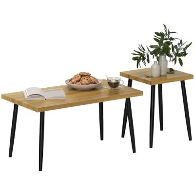Abbildung von HOMCOM Couchtisch 2er Set Beistelltisch mit Stahlrahmen, Wohnzimmertisch Kaffeetisch für Wohnzimmer Natur