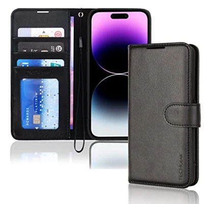 Abbildung von TECHGEAR hülle iPhone 14 Pro Leder klappbar, PU Flip Schutzhülle Ledertasche [Brieftasche] Handyhülle mit Ständer und Handschlaufe Schwarz Kompatible (6,1&quot;)