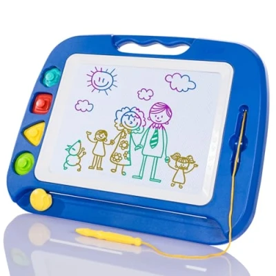 Abbildung von SGILE Große Magnetische Maltafel Zaubertafel, 42x32cm Zeichentafel Zaubermaltafel Malbrett mit 4 Form Stempel für Kinder ab 3 Jahre Geschenk, Blau