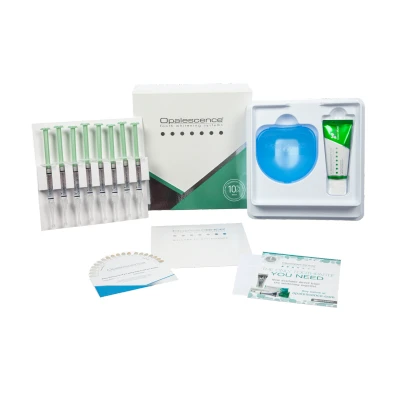 Abbildung von Opalescence PF 10% Mint Patient Kit 8 Spritzen à 1,2ml, 1 Zahncreme 30ml, Aufbewahrungsbox, Farbschlüssel