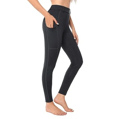 Abbildung von Reitleggings Damen Vollbesatz mit Handytasche, High Waist Reithose Mädchen Stretch Gürtelschlaufen Grau XXL