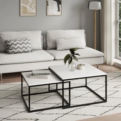 Abbildung von Couchtisch 2er Set quadratisch aus Holz, Wohnzimmertisch Modern, Beistelltisch 2 in 1 mit Metallgestell für Wohnzimmer Büro Loft Design Twin weiß