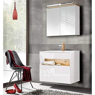 Abbildung von Lomadox Badezimmermöbel Badmöbel Set, Keramik Waschtisch mit 80cm Unterschrank, Hochglanz weiß Wotaneiche, LED Spiegelschrank