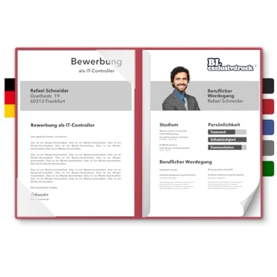 Abbildung von 5 Stück zweiteilige Bewerbungsmappen BL exclusivdruck® plus in Rubinrot Premium Qualität mit edler Relief Prägung &#039;Bewerbung&#039; Produkt Design von &#039;Mario Lemani&#039;