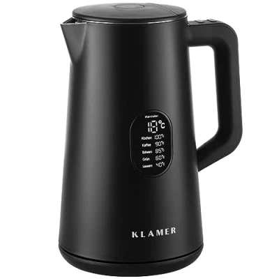Abbildung von KLAMER Wasserkocher Edelstahl mit Temperatureinstellung 40 100C, Warmhaltefunktion, matt…, 1800 W, 1,5L, 5 Temp. Einst., kalkfrei, BPA frei, integrierter Auffangsieb