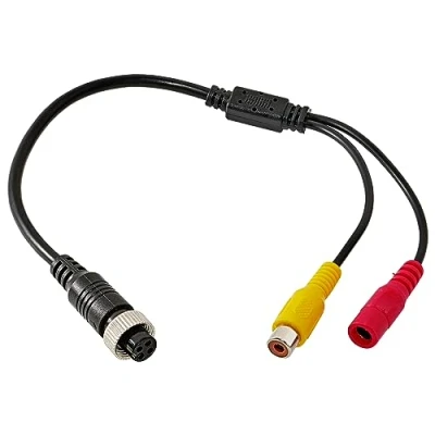 Abbildung von RED WOLF 4 PIN auf RCA Cinch (A/V) Adapter Rückfahrkamera Stecker DC Netzanschluss Adapterkabel polig Monitor Display Bildschirm Kameraadapter