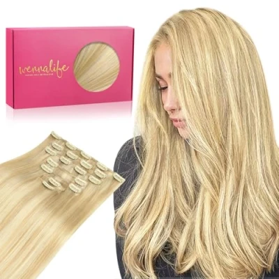 Abbildung von WENNALIFE Clip in Extensions Eechthaar, 50cm 20 Zoll 120g 7pcs Hellblond Highlights Goldblond Hair Echthaar Remy Haarverlängerung Natürliche Eechthaar