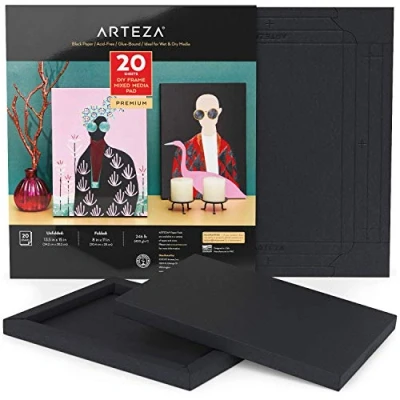 Abbildung von Arteza Mixed Media Papier Schwarz, 20.4 x 28 cm, 20 Blatt faltbares schwarzes Malpapier 400 g/m², DIY Rahmen, Art Block mit säurefreiem schwerem Künstler Papier, Künstlerbedarf für Mix Kunst