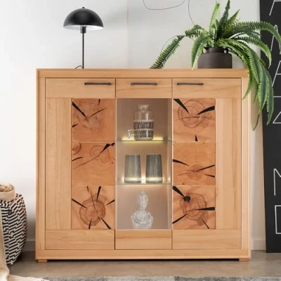 Abbildung von Lomadox Wohnzimmer Esszimmer Vitrinenschrank Highboard 150cm breit, Kernbuche massiv geölt, montiert