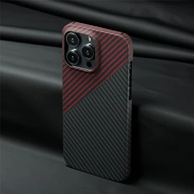 Abbildung von Ultradünne Handyhülle für Apple iPhone 14 Pro Max, seltene Aramid Kohlefaser Schutzhülle (Rot/Schwarz)