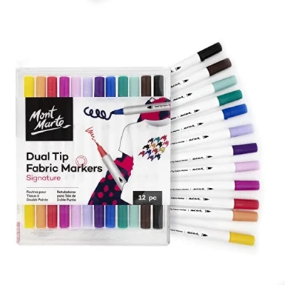 Abbildung von Mont Marte Textilmarker Signature Set Mit 12 x Textilstifte, Dual Tip Spitze, für viele Stoffe, (Set, tlg., unterschiedene Farben kreatives Arbeiten auf Textilien), feiner 2 mm, oder großer 5 mm Spitze