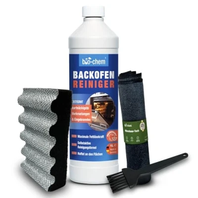 Abbildung von bio chem Backofenreiniger EXTRA STARK 1000ml Intensivreiniger inkl. Schwamm, Tuch &amp; Pinsel I Selbstarbeitender Fettlöser für Backofen, Herd Grill Löst Eingebranntes ohne Aufheizen, Schrubben