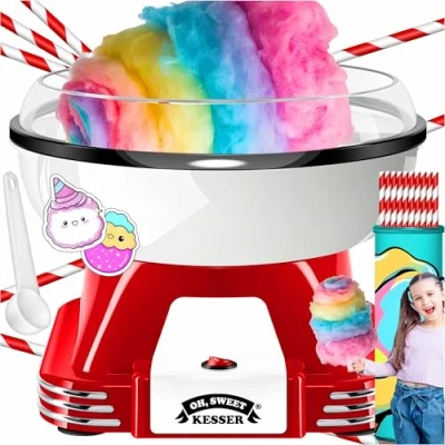 Abbildung von KESSER® Zuckerwattemaschine Set für Dein zuhause Mit 30x Zuckerwatte Stäbchen &amp; Messlöffel Retro Cotton Candy Maschine Zubehör Höhe 22 cm 500 W Rot Weiß