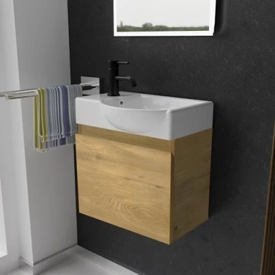 Abbildung von Alpenberger Badmöbel Set Gäste WC Waschbecken mit Unterschrank 45 cm Breit, (Badschrank 2 tlg., Waschtisch hängend), Waschbeckenunterschrank Softclose Eiche Natur Rechts Becken