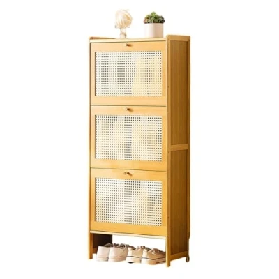 Abbildung von LONEU Rattan Schrank Schuhkipper mit 3 Klappen Schuhschrank, Schmal Schuhregal Schmaler Organizer Freistehender aus Holz für Eingangsbereich, Flur, Schlafzimmer(Color:B,Size:50X22.5X120CM)