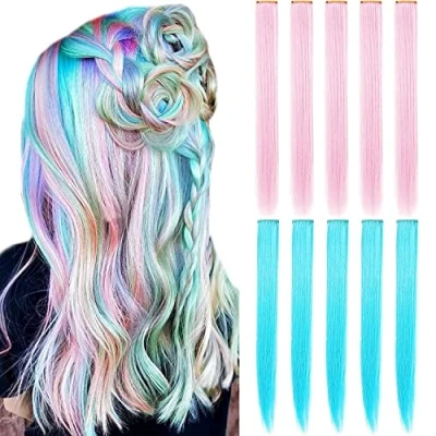 Abbildung von LVSHANGMAO 10 Stück farbige Haarverlängerungen, mehrfarbige Party Highlights Clip in synthetische Haarverlängerungen 21 Zoll (Himmelblau hellrosa)