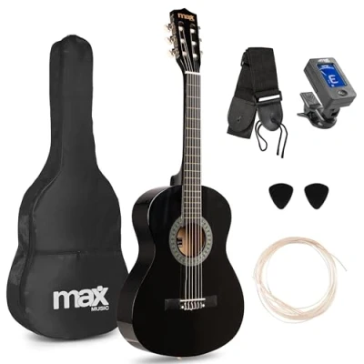 Abbildung von MAX SoloArt Gitarre 3/4 Kindergitarre ab 6 jahre, Junior Akustik inkl. Tasche, Plektrum, Gurt und Saiten Zubehör, Kinder Jahren, Guitar in Natur Holz