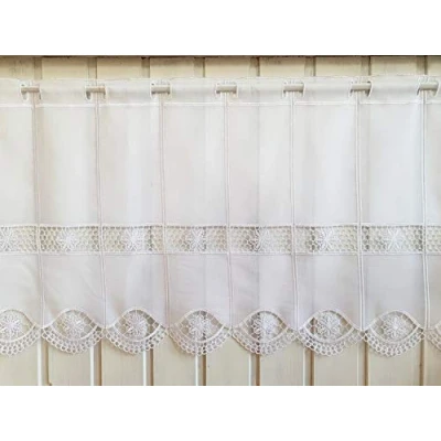 Abbildung von Arinosa Scheibengardine Landhaus Weiß Häkelbordüre 30 cm 45 oder 60 Hoch ab 1 Meter, Höhe:60
