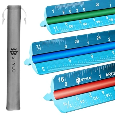 Abbildung von Stylo Architekten Maßstabslineal aus Aluminium, 30,5 cm, lasergeätztes dreieckiges Zeichenlineal mit Farbe imperiales architektonisches für Blaupausen (Hellblau, Imperiale Einheiten)