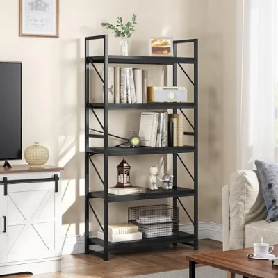 Abbildung von YITAHOME Bücherregal mit 5 Ebenen, industrielles Bücherregal, großes freistehendes Holzregal und Metallrahmen, Regal, Präsentationsregal für Wohnzimmer, Heimbüro, schwarzes