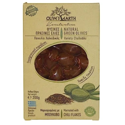 Abbildung von Olive&#039;s Earth Griechische Grüne Oliven mit Stein aus Chalkidiki mariniert Chiliflocken, 4er Pack x 200 g (Total: 800g)