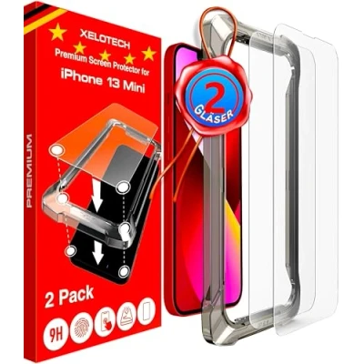 Abbildung von XeloTech 2x 9H Schutzglas für iPhone 13 mini Unsichtbare Panzerfolie aus Hartglas. Keine Plastik Folie. Robust. Displayschutz mit Applikator.
