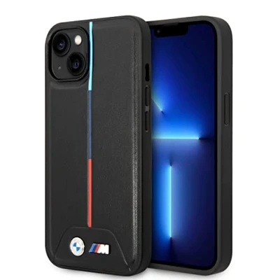 Abbildung von CG MOBILE BMW Handyhülle kompatibel mit iPhone 38.1 cm Schwarz gesteppt mittleren Tricolor Linien, PU Leder M Kollektion, glatte Schutzhülle einfachem Snap on, Stoßdämpfung &amp; Signatur Logo