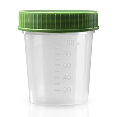 Abbildung von Urinbecher Premium Grün 50 Stück 125 ml Fassungsvermögen bis 100 graduiert auslaufsicherer und gefriertauglicher Urinprobenbecher mit Schraubdeckel mattiertes Schriftfeld auf dem Becher