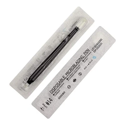 Abbildung von 10 Stück Einweg Microblading Stift mit Nadeln und Schwammapplikator Permanent Makeup Blisterpackung 12CF/14CF/18U/20U (14F 0.25mm)
