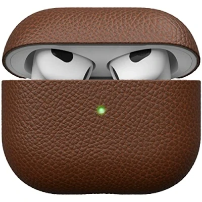 Abbildung von KeyBudz Artisan Leder Schutzhülle für Apple AirPods 3 Case, Etui, Ledertasche Echtleder, Kopfhörer Ohrhörer Zubehör, braun