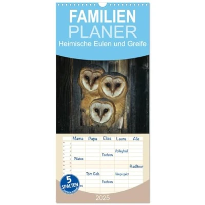 Abbildung von Familienplaner 2025 Heimische Eulen und Greife mit 5 Spalten (Wandkalender, 21 cm x 45 cm), CALVENDO