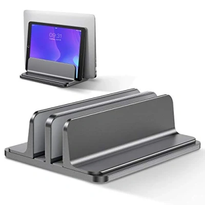 Abbildung von Bewahly Doppelt Vertikaler Laptop Ständer, Aluminium Verstellbarer Notebook Ständer Platzsparender Halterung für MacBook Pro/Air, iPad, Samsung, Huawei, Surface, Dell, HP, Lenovo und andere (Grau)