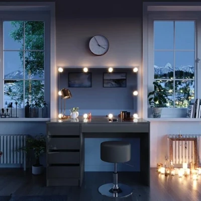 Abbildung von Vicco Schminktisch Sherry, Grau Hochglanz, 120 cm mit LED Beleuchtung und Hocker
