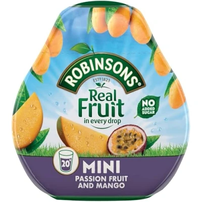 Abbildung von Robinsons Mini ohne Zuckerzusatz kalorienarm Passionsfrucht und Mango ergibt 20 Getränke pro Packung