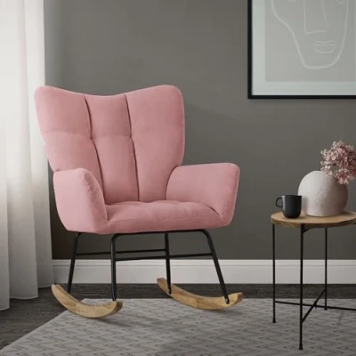 Abbildung von ML Design Schaukelsessel Rosa, Schaukelstuhl mit Bezug in Frottee Optik, Gepolsterter Schwingsessel Holzkufen, Relaxsessel Armlehnen für Wohnzimmer/Schlafzimmer/Balkon, Relaxstuhl Ohrensessel