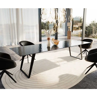 Abbildung von Esstisch Edge 300x100 Reliefglas Rauchschwarz 3D Design Metall Schräg Schwarz