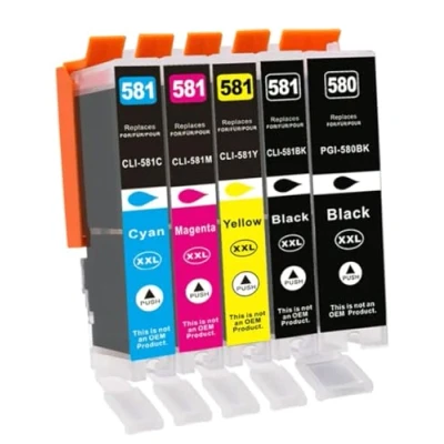 Abbildung von OBV 5X kompatible Tintenpatronen als Ersatz für Canon CLI 581 PGI 580 XXL PIXMA TS6150 TS8150 TS8151 TS8152 TS9150 TS9155 TR7550 TR8550 TS6250 TS8250 TS8251 schwarz fotoschwarz Cyan Magenta gelb