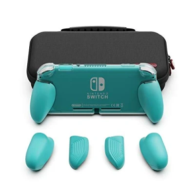 Abbildung von Skull &amp; Co. GripCase Lite Bundle: Eine Bequeme Schutzhülle mit austauschbaren Griffen [passend für alle Handgrößen] Nintendo Switch [mit Tragetasche] Türkis