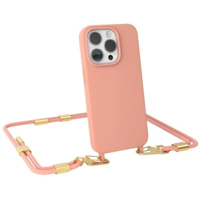 Abbildung von EAZY CASE Handykette mit Karabiner kompatibel iPhone 15 Pro Hülle Silikon Fallschutz Handyhülle für Kette zum Umhängen Schutzhülle Mikrofaser in Korall Clips Gold