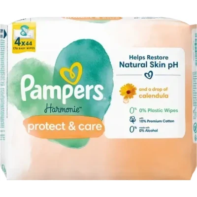 Abbildung von Pampers Harmonie Protect &amp; Care Baby Feuchttücher 4 Packungen 44 Tücher = 176 Babyfeuchttücher, Helfen Sie dabei, natürliche Hautph, und ein wenig Ringelblume