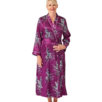 Abbildung von Marlon Damen Vara Piped Floral Printed Satin Long Robe Morgenmantel, Fuchsia, 18 20